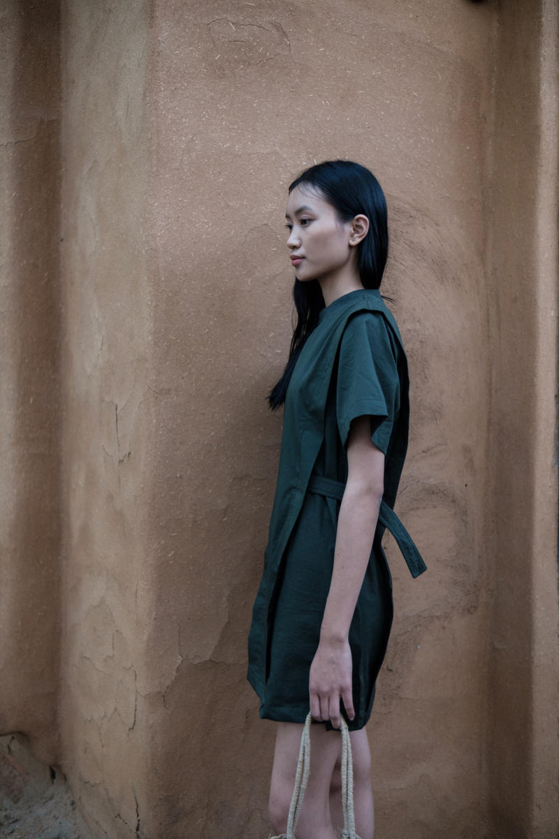 Rory Rib Dress-Deep Green cotton by The Terra Tribe in green color for women in Singapore