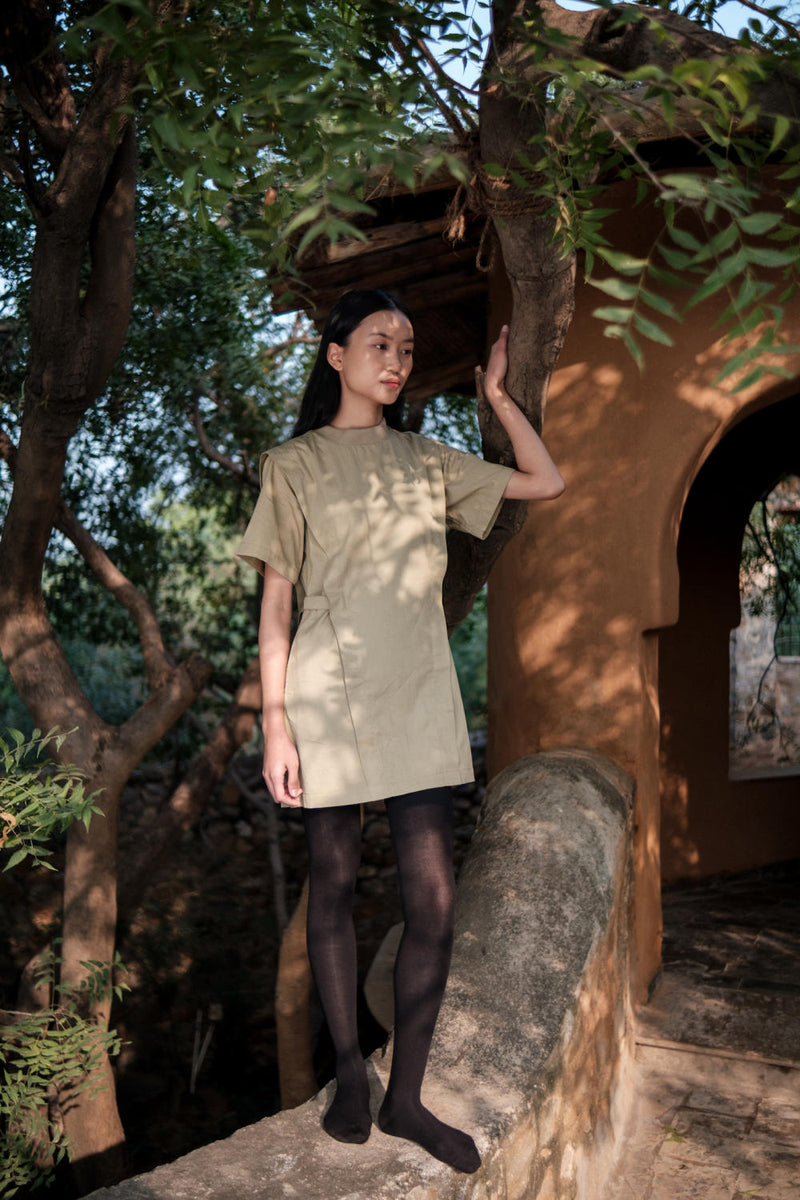 Rory Rib Dress-Khaki cotton by The Terra Tribe for women in Singapore
