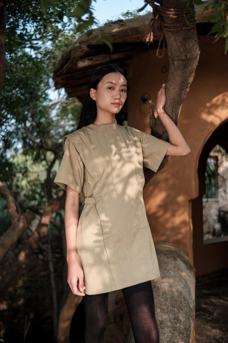 Rory Rib Dress-Khaki cotton by The Terra Tribe for women in Singapore