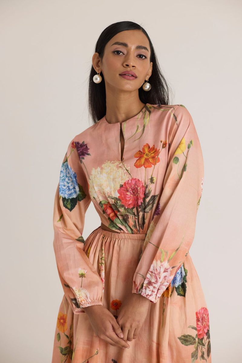 BUTTERCUP BOTH SIDE CUT DRESS satin by Yam in peach color for women in Singapore