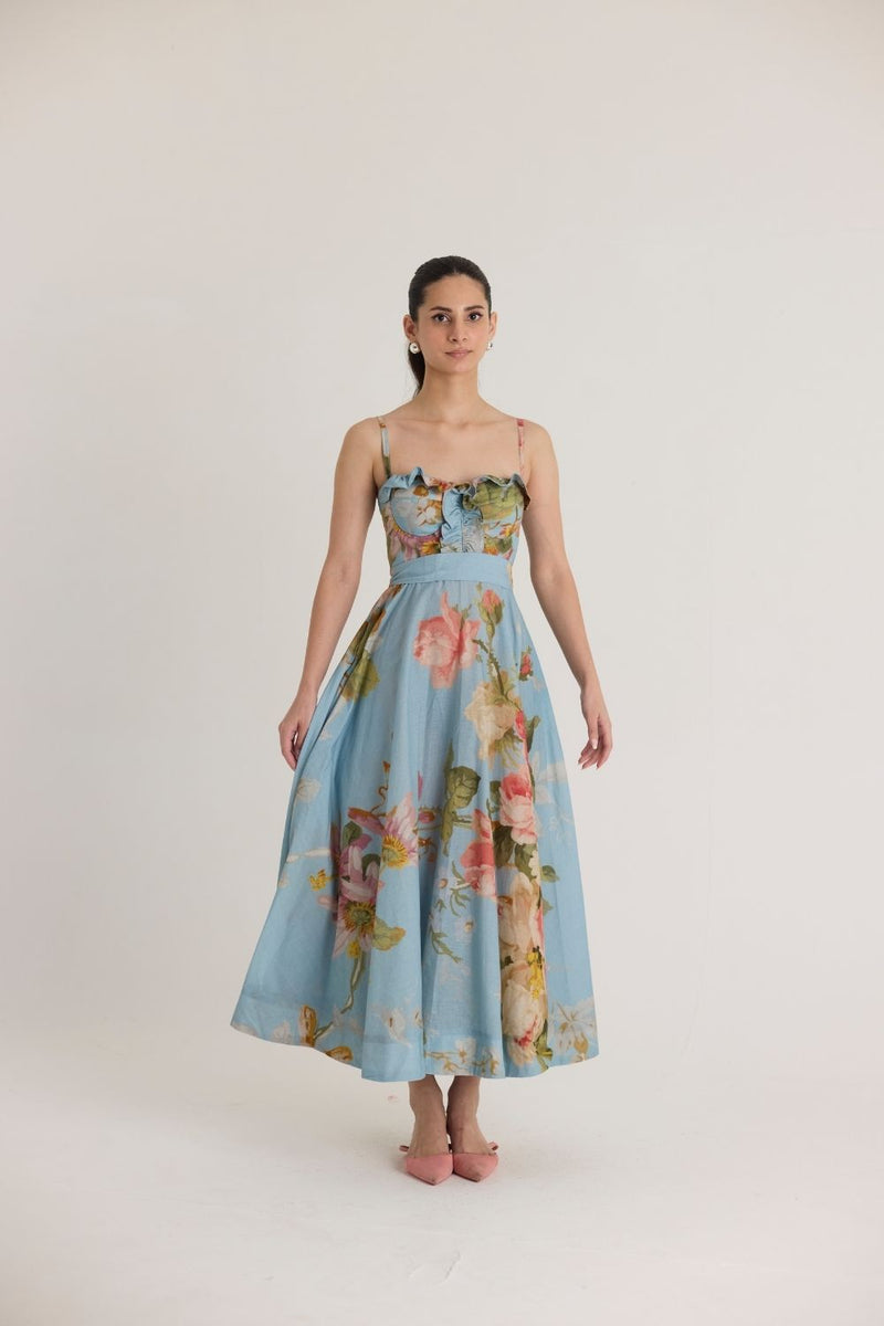 TAFFY COTTON FRILLS DRESS cotton by Yam in blue color for women in Singapore