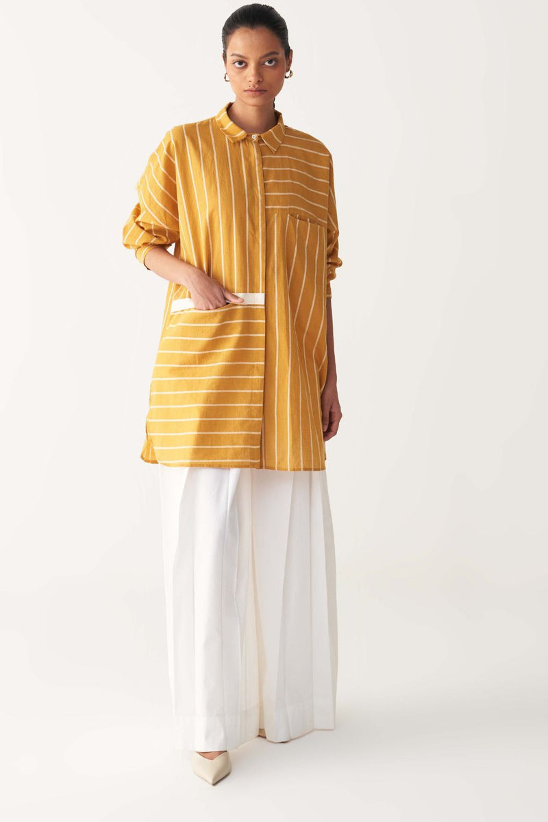 DRAWSTRING SHIRT -MUSTARD mul by THREE in mustard color for women in Singapore