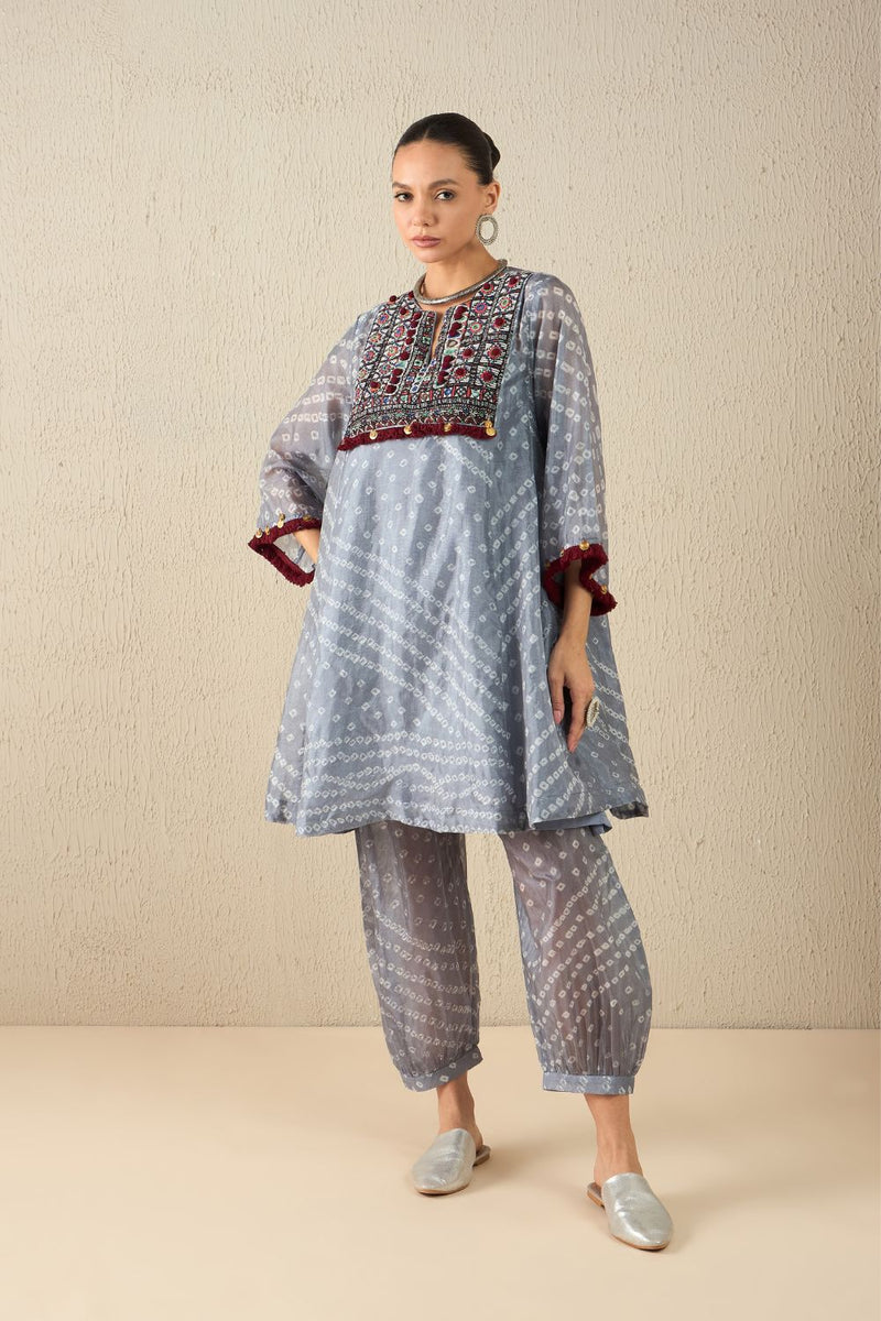 AFGHANI BANDHANI SET - Light Grey silk by Aavidi in yellow color for women in Singapore