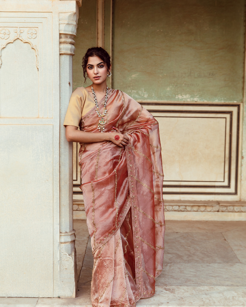 Rust Tissue Silk Embroidered Sari silk Buy Rust Tissue Silk Embroidered Sari from C&W | Saree for Women by Maison Shefali in rust color for women in Singapore