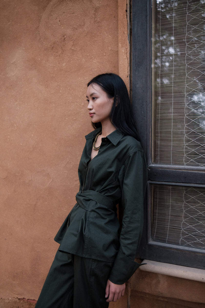 Nara Front knot Shirt-Deep Green cotton by The Terra Tribe in green color for women in Singapore