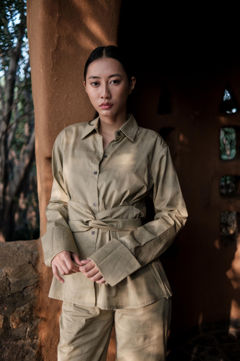 Nara Front knot Shirt-Khaki cotton by The Terra Tribe for women in Singapore