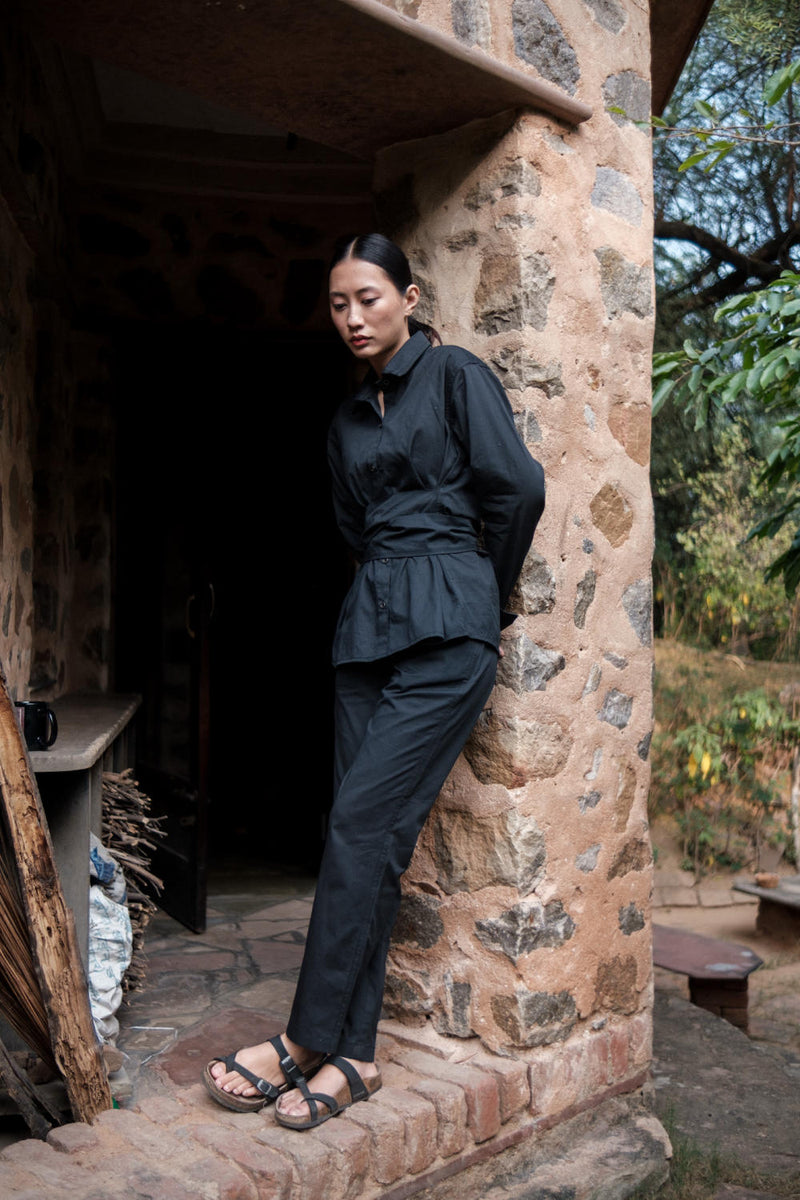 Nara Front knot Shirt-Black cotton by The Terra Tribe in black color for women in Singapore