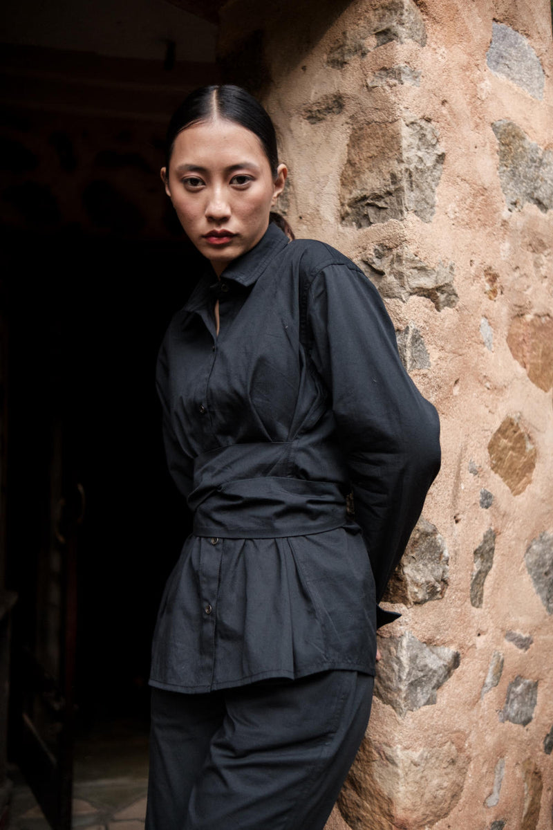 Nara Front knot Shirt-Black cotton by The Terra Tribe in black color for women in Singapore