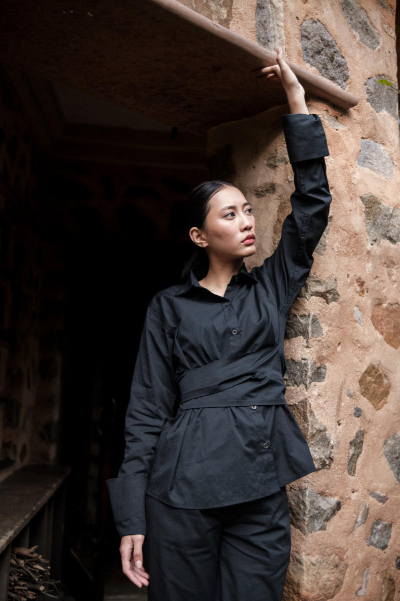 Nara Front knot Shirt-Black cotton by The Terra Tribe in black color for women in Singapore