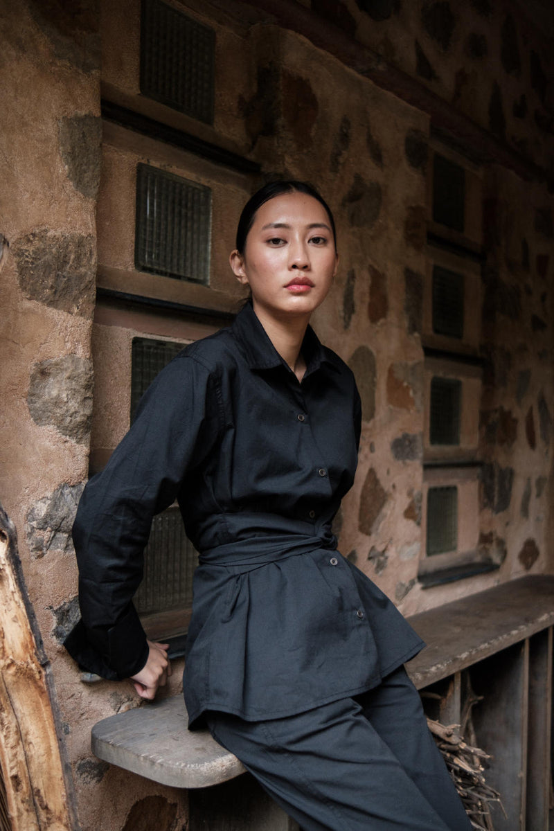 Nara Front knot Shirt-Black cotton by The Terra Tribe in black color for women in Singapore