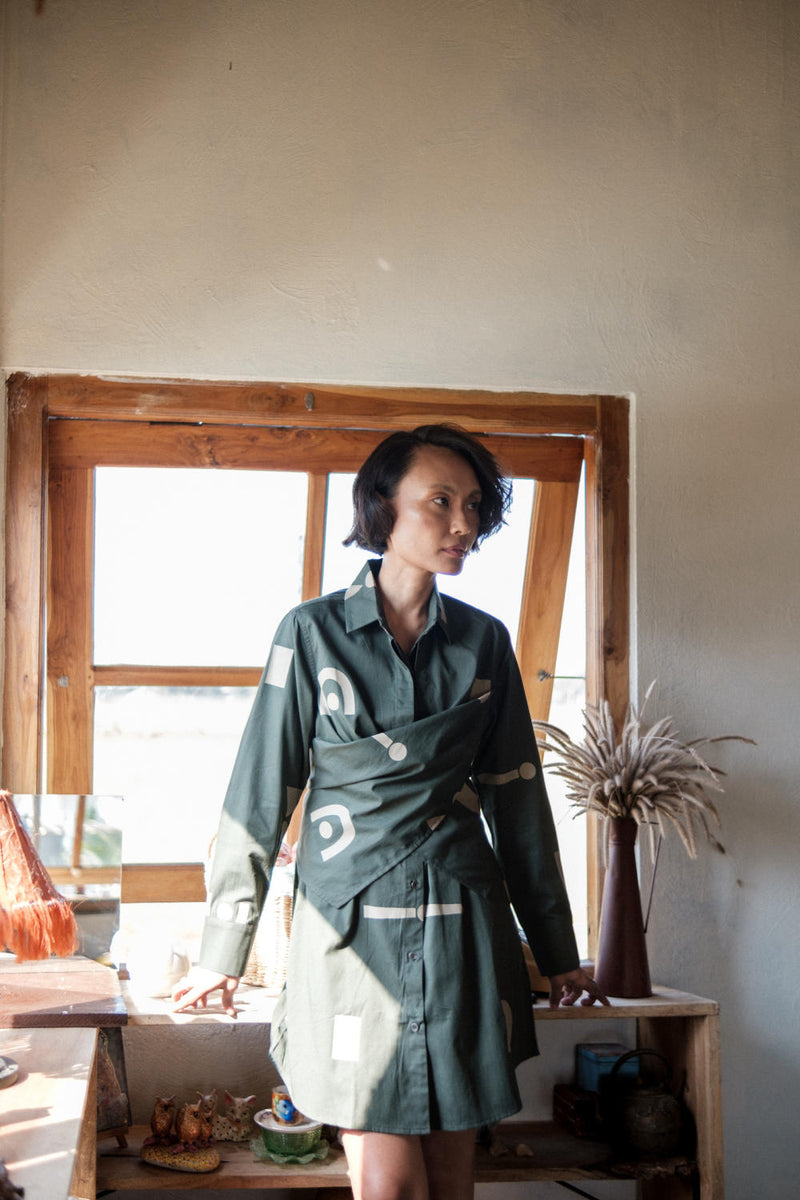 Seattle Wrap Shirt Dress-Deep Green Triangle Printed cotton by The Terra Tribe in green color for women in Singapore