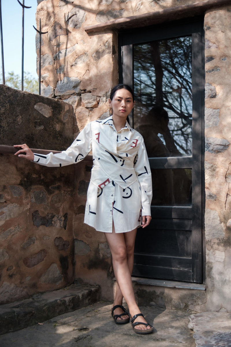 Seattle Wrap Shirt Dress-Ecru Line Printed cotton by The Terra Tribe in ecru color for women in Singapore