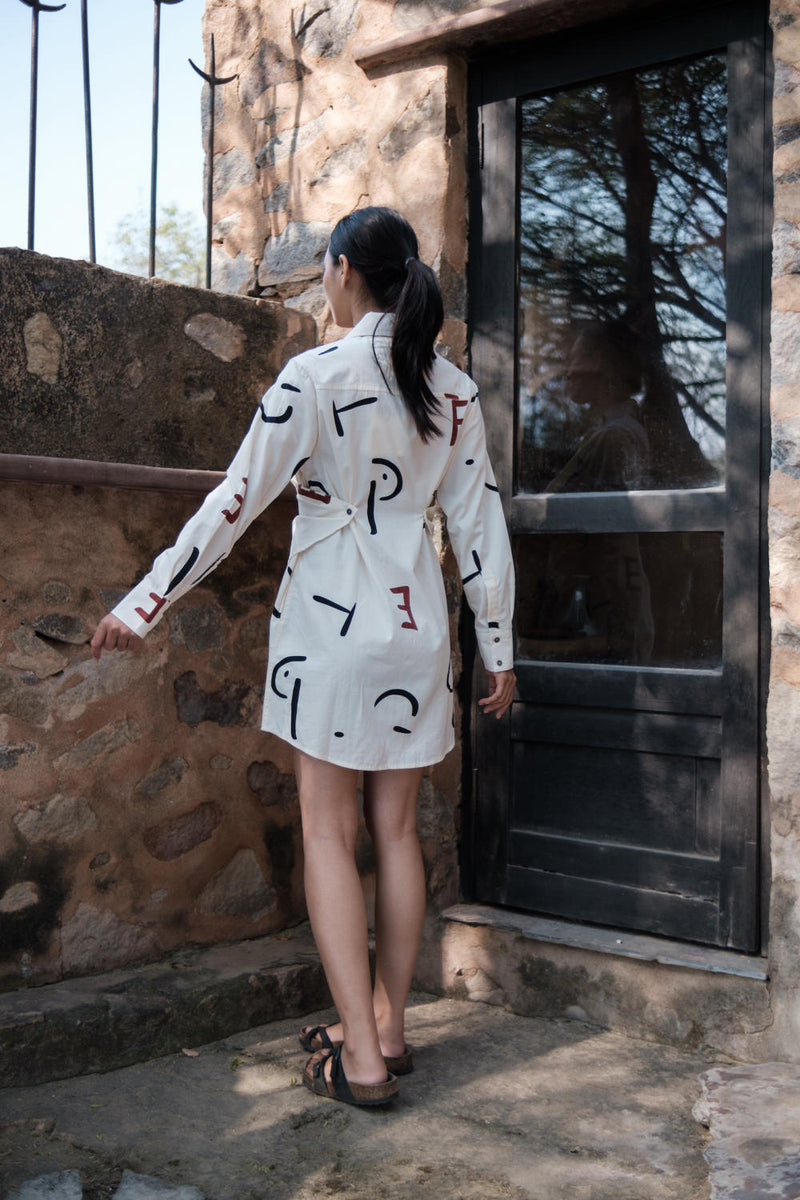 Seattle Wrap Shirt Dress-Ecru Line Printed cotton by The Terra Tribe in ecru color for women in Singapore