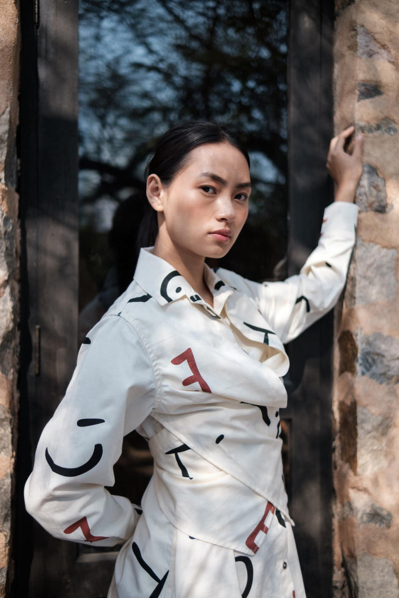 Seattle Wrap Shirt Dress-Ecru Line Printed cotton by The Terra Tribe in ecru color for women in Singapore