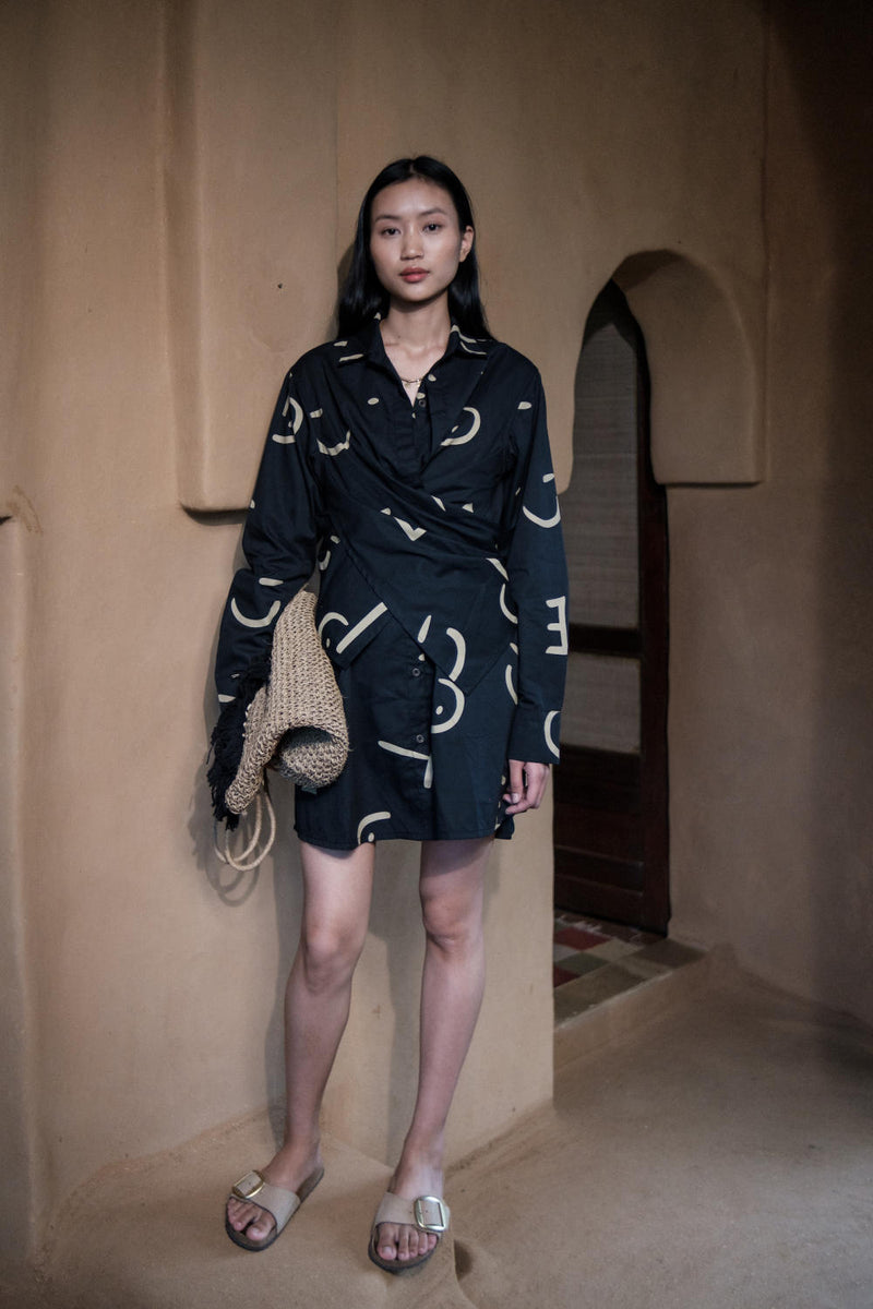 Seattle Wrap Shirt Dress-Black line Printed cotton by The Terra Tribe in black color for women in Singapore