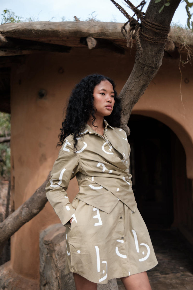 Seattle Wrap Shirt Dress-Khaki Line Printed cotton by The Terra Tribe for women in Singapore