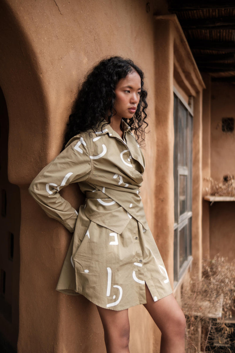 Seattle Wrap Shirt Dress-Khaki Line Printed cotton by The Terra Tribe for women in Singapore