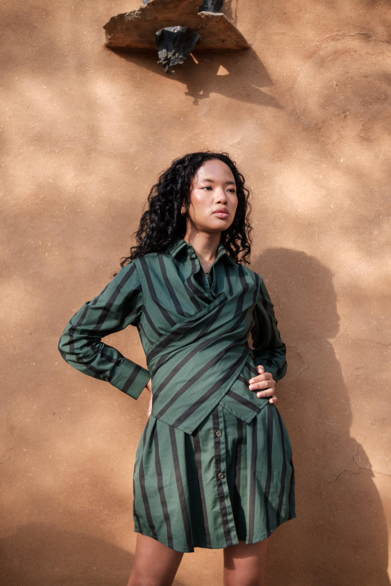 Seattle Wrap Shirt Dress-Deep Green Stripes cotton by The Terra Tribe in green color for women in Singapore