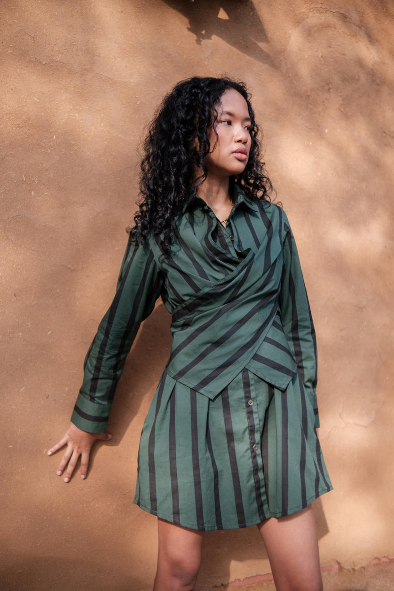 Seattle Wrap Shirt Dress-Deep Green Stripes cotton by The Terra Tribe in green color for women in Singapore