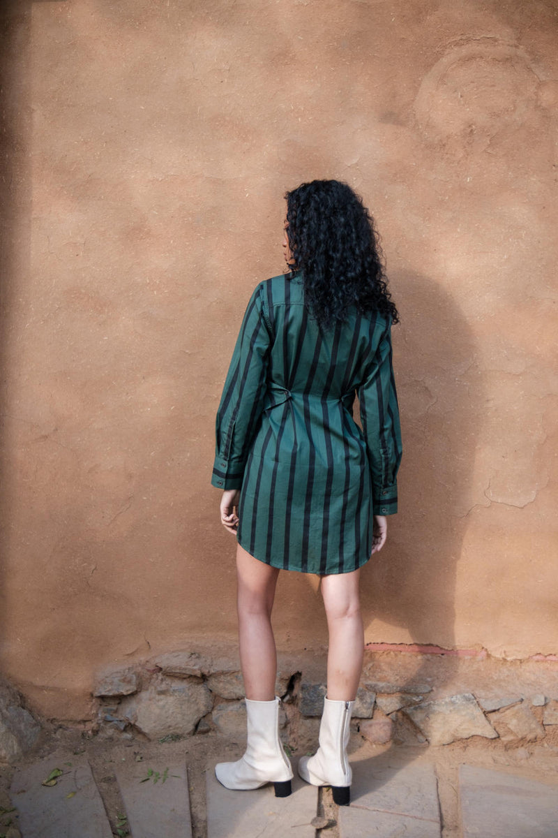 Seattle Wrap Shirt Dress-Deep Green Stripes cotton by The Terra Tribe in green color for women in Singapore