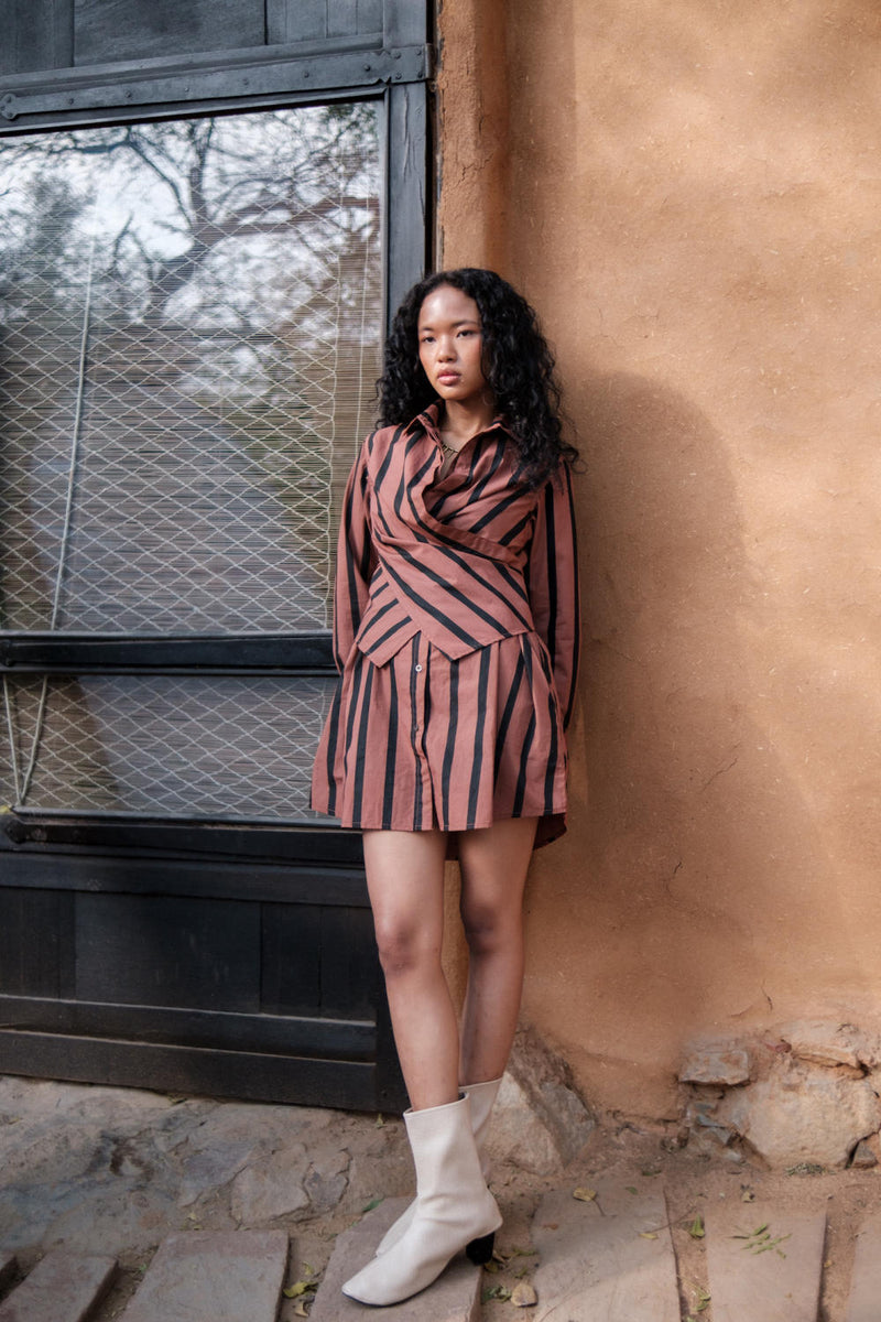 Seattle Wrap Shirt Dress-Copper Stripes cotton by The Terra Tribe for women in Singapore