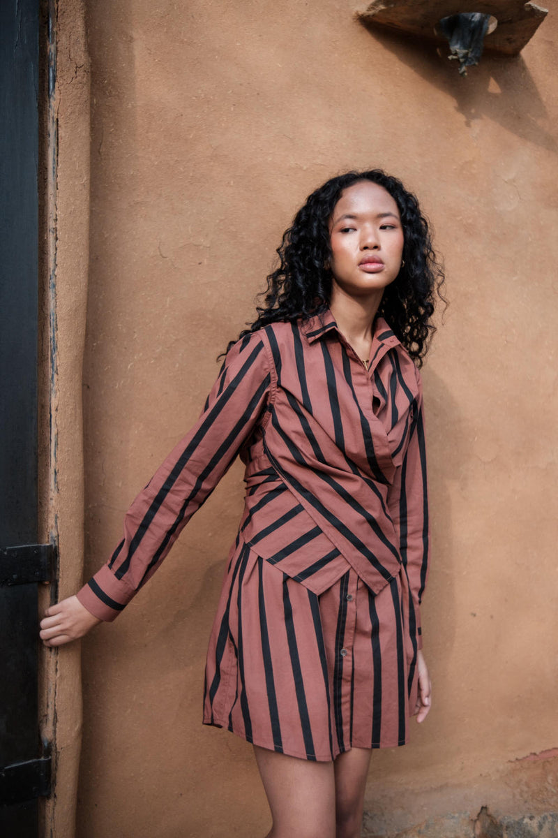 Seattle Wrap Shirt Dress-Copper Stripes cotton by The Terra Tribe for women in Singapore