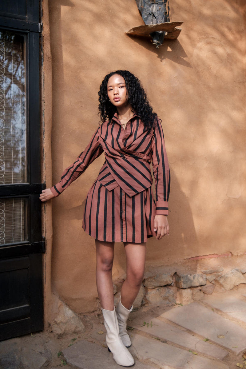 Seattle Wrap Shirt Dress-Copper Stripes cotton by The Terra Tribe for women in Singapore