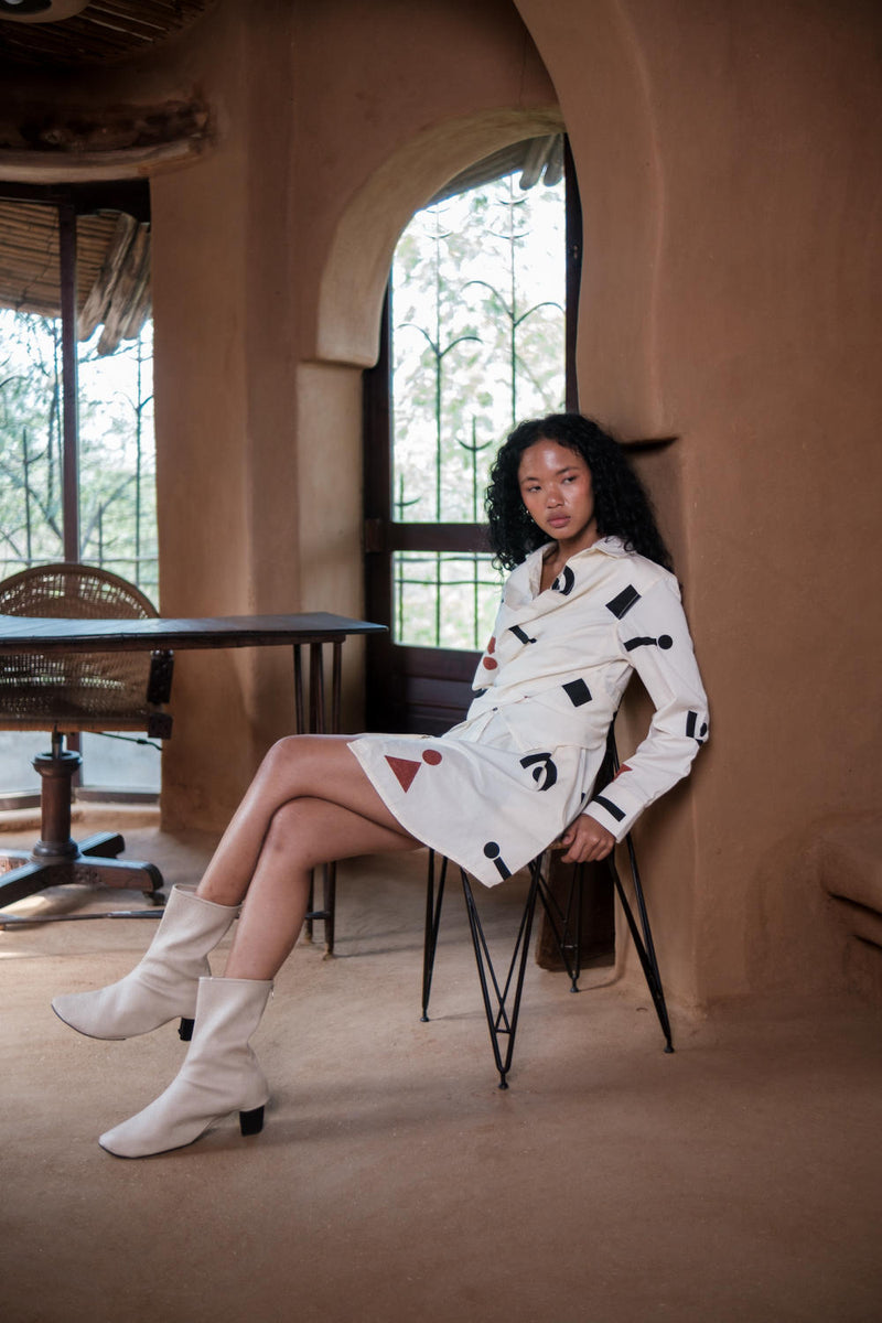 Seattle Wrap Shirt Dress-Ecru Triangle Printed cotton by The Terra Tribe in ecru color for women in Singapore