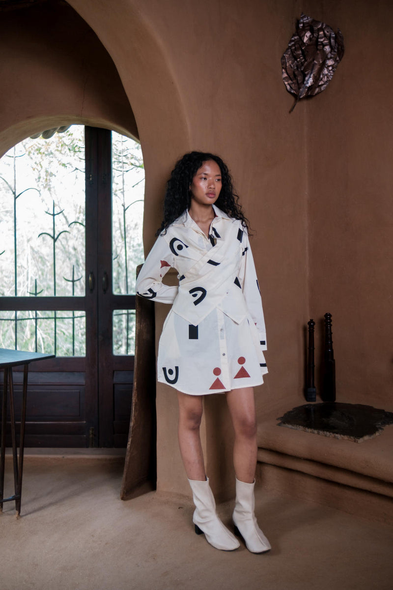 Seattle Wrap Shirt Dress-Ecru Triangle Printed cotton by The Terra Tribe in ecru color for women in Singapore