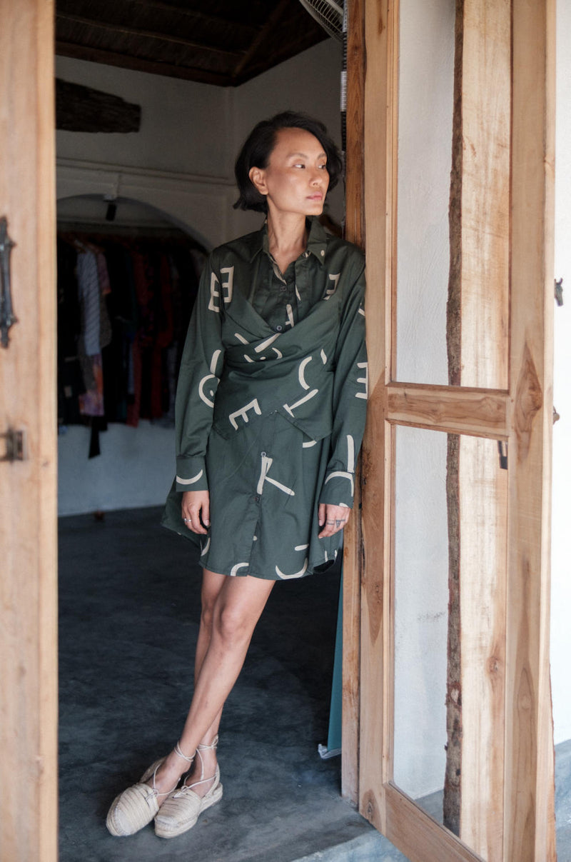 Seattle Wrap Shirt Dress-Deep Green Line Printed cotton by The Terra Tribe in green color for women in Singapore