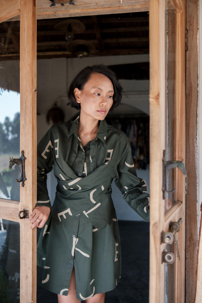 Seattle Wrap Shirt Dress-Deep Green Line Printed cotton by The Terra Tribe in green color for women in Singapore
