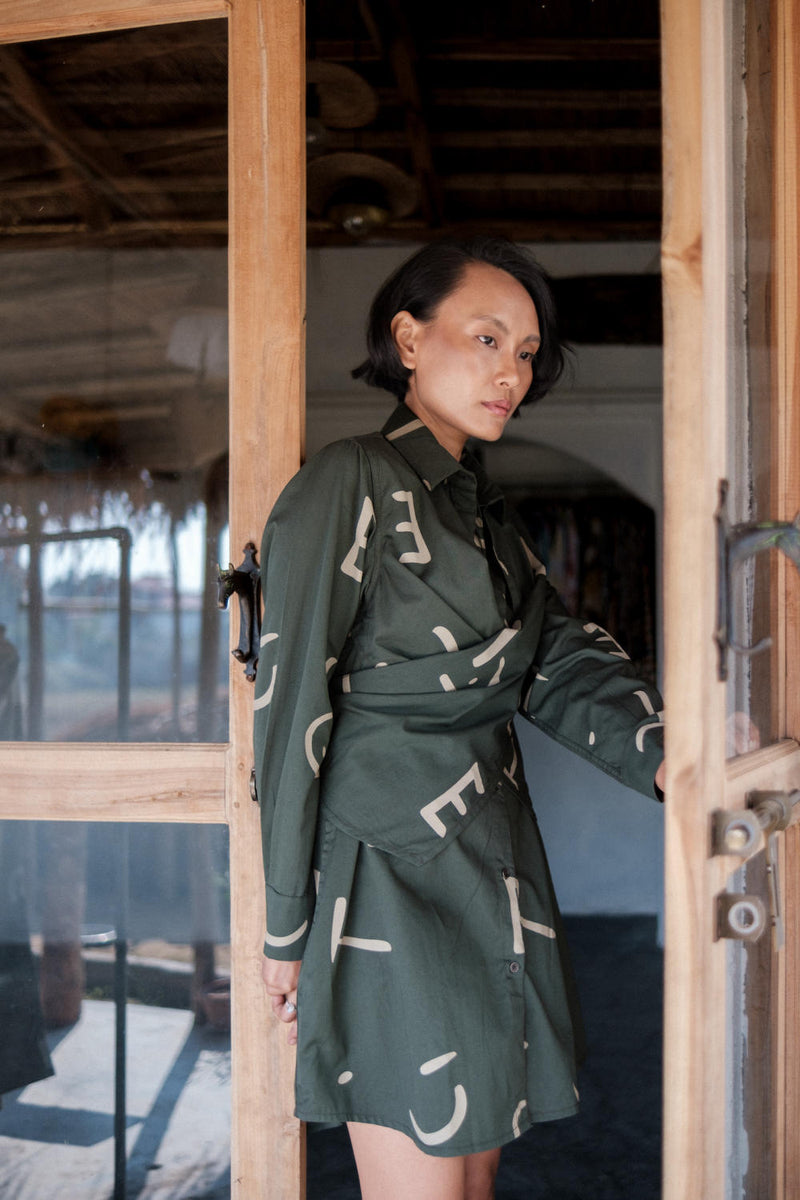 Seattle Wrap Shirt Dress-Deep Green Line Printed cotton by The Terra Tribe in green color for women in Singapore