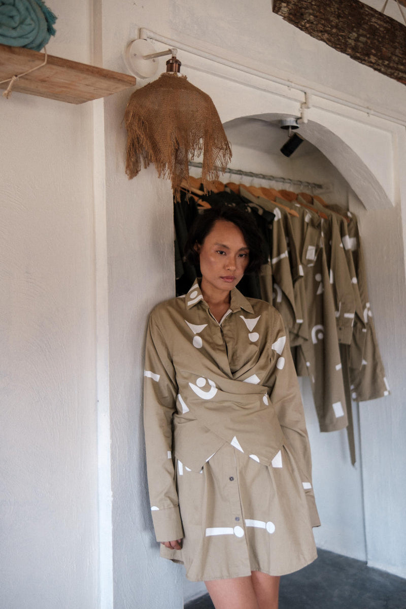 Seattle Wrap Shirt Dress-Khaki Triangle Printed cotton by The Terra Tribe for women in Singapore