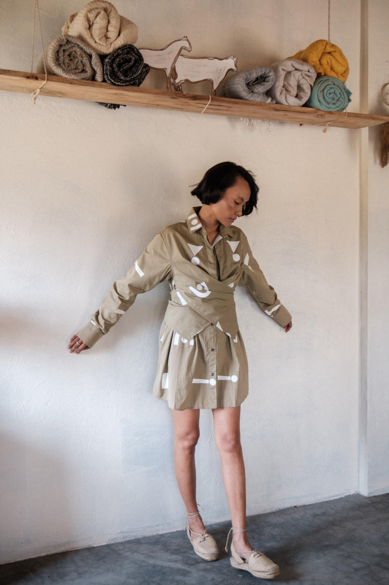 Seattle Wrap Shirt Dress-Khaki Triangle Printed cotton by The Terra Tribe for women in Singapore