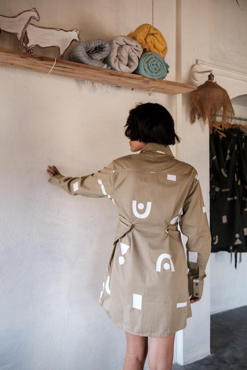 Seattle Wrap Shirt Dress-Khaki Triangle Printed cotton by The Terra Tribe for women in Singapore