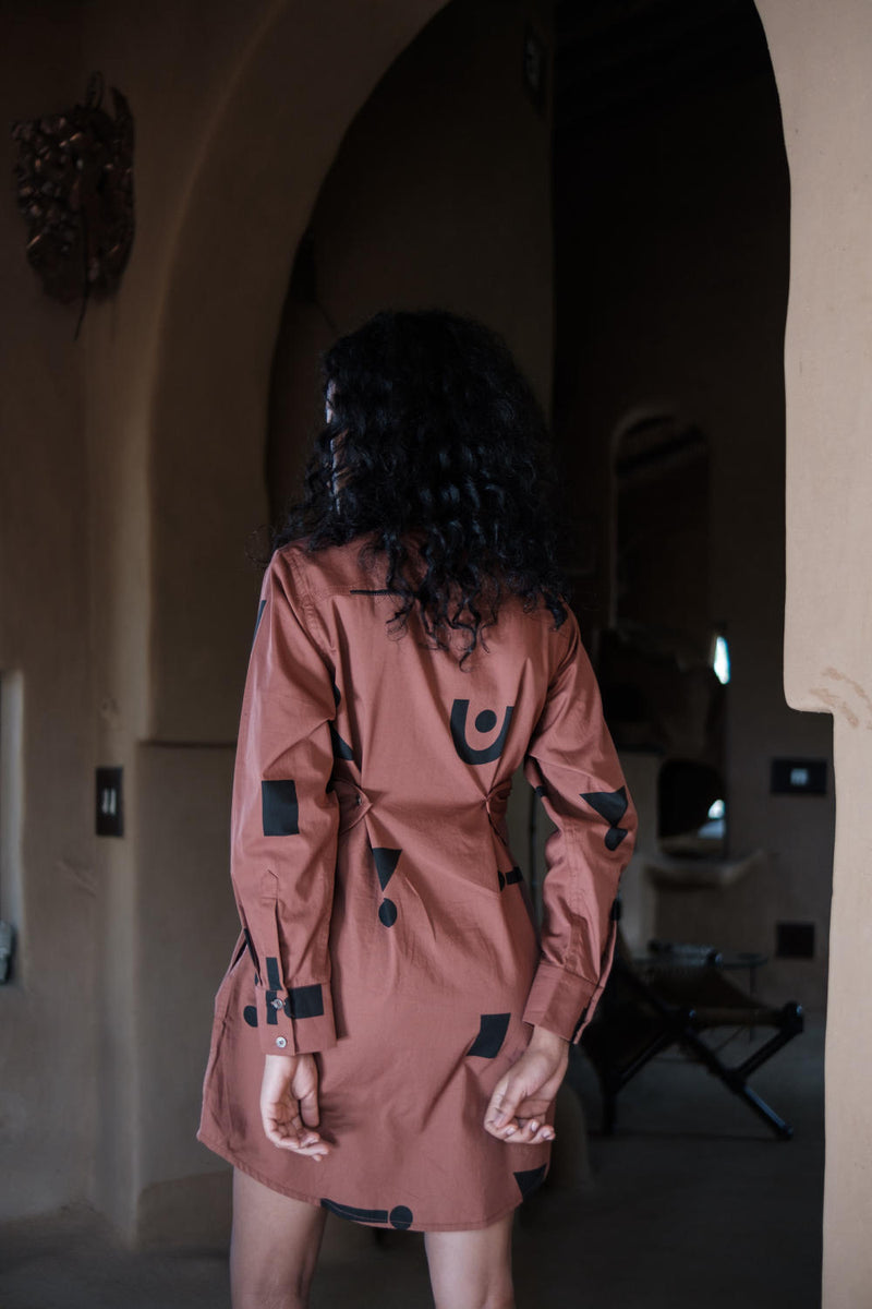 Seattle Wrap Shirt Dress-Copper Triangle Printed cotton by The Terra Tribe for women in Singapore