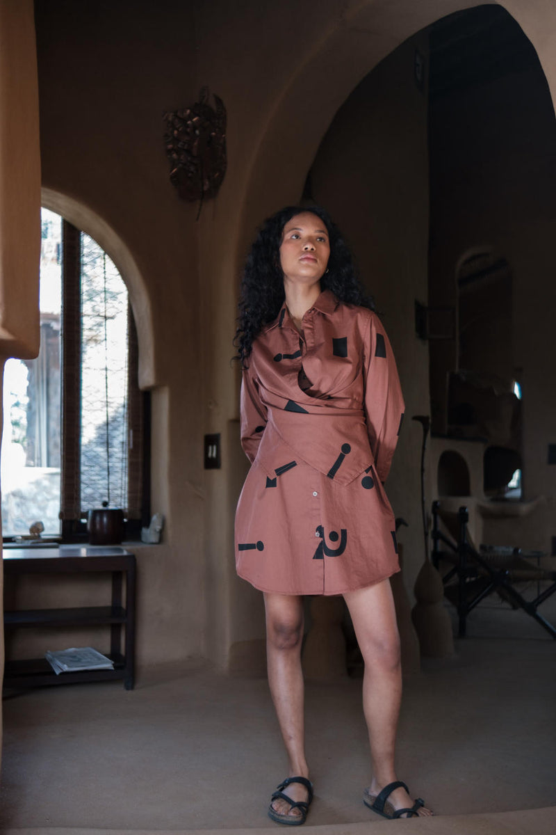 Seattle Wrap Shirt Dress-Copper Triangle Printed cotton by The Terra Tribe for women in Singapore