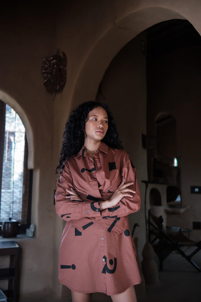 Seattle Wrap Shirt Dress-Copper Triangle Printed cotton by The Terra Tribe for women in Singapore