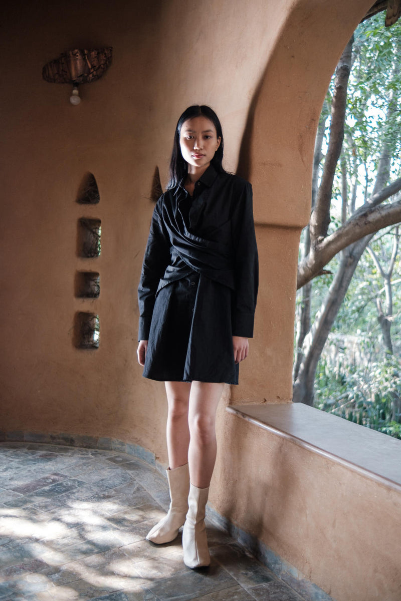 Seattle Wrap Shirt Dress-Black cotton by The Terra Tribe in black color for women in Singapore