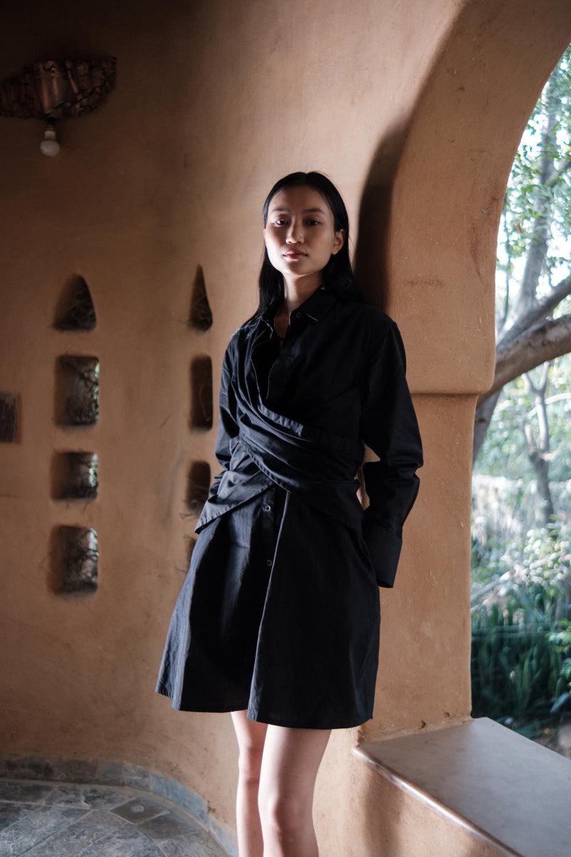 Seattle Wrap Shirt Dress-Black cotton by The Terra Tribe in black color for women in Singapore