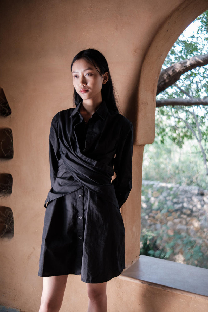 Seattle Wrap Shirt Dress-Black cotton by The Terra Tribe in black color for women in Singapore