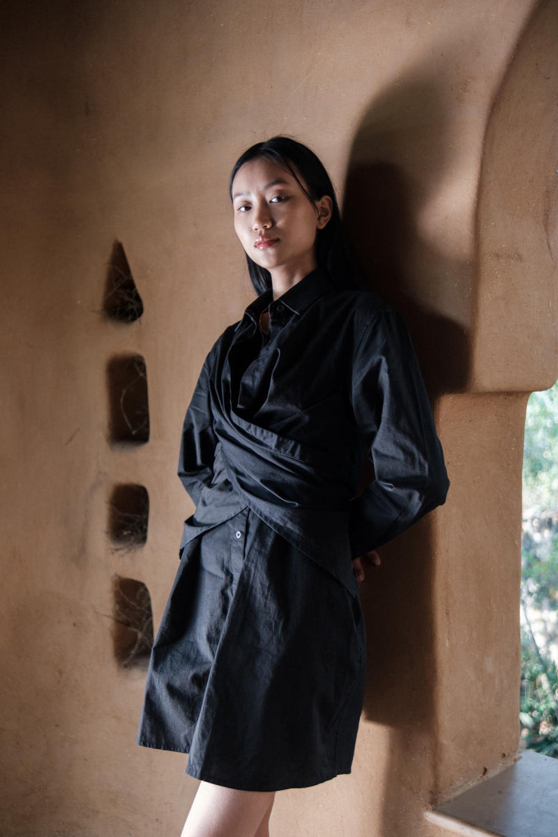 Seattle Wrap Shirt Dress-Black cotton by The Terra Tribe in black color for women in Singapore