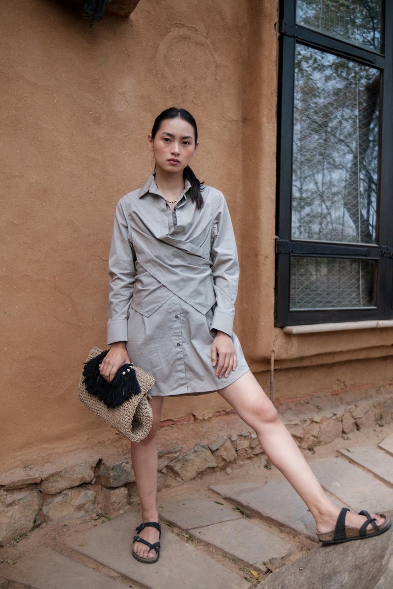 Seattle Wrap Shirt Dress-Grey cotton by The Terra Tribe in grey color for women in Singapore