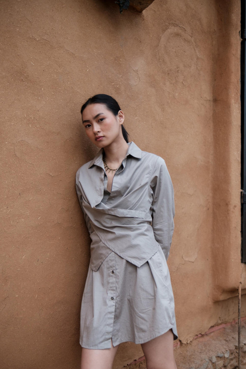 Seattle Wrap Shirt Dress-Grey cotton by The Terra Tribe in grey color for women in Singapore