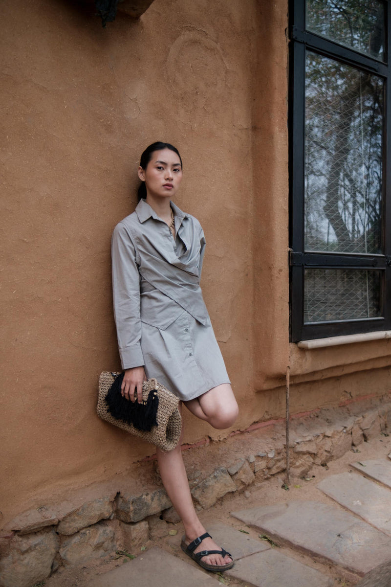 Seattle Wrap Shirt Dress-Grey cotton by The Terra Tribe in grey color for women in Singapore