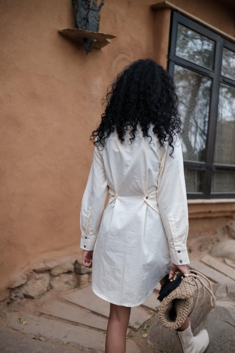 Seattle Wrap Shirt Dress-Ecru cotton by The Terra Tribe in ecru color for women in Singapore