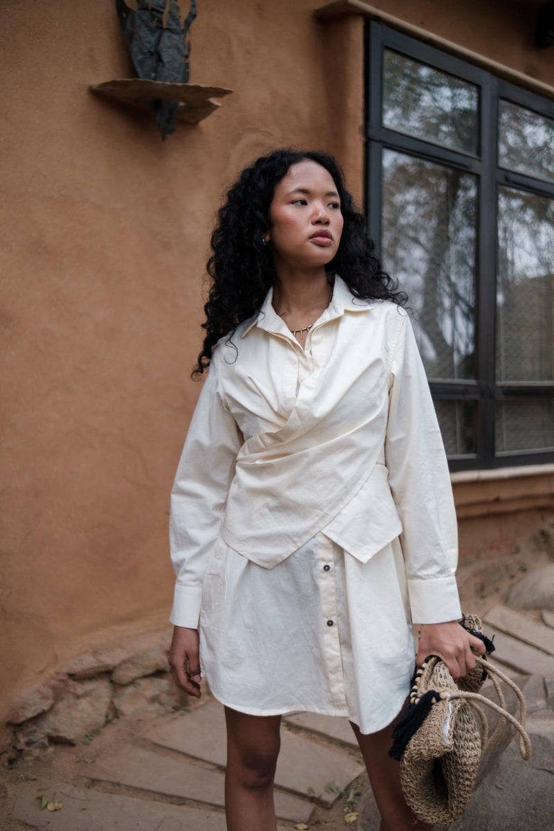 Seattle Wrap Shirt Dress-Ecru cotton by The Terra Tribe in ecru color for women in Singapore