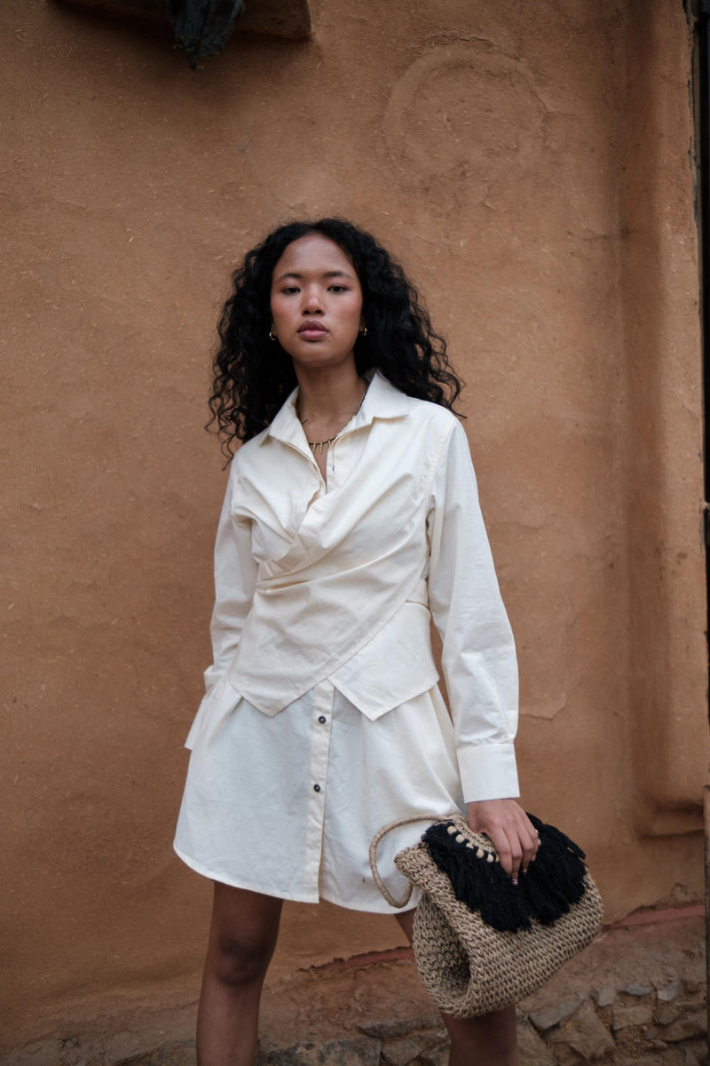 Seattle Wrap Shirt Dress-Ecru cotton by The Terra Tribe in ecru color for women in Singapore