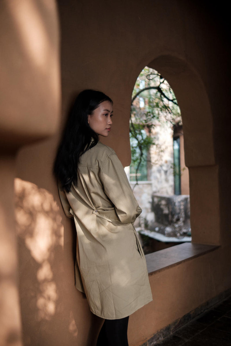 Seattle Wrap Shirt Dress-Khaki cotton by The Terra Tribe for women in Singapore