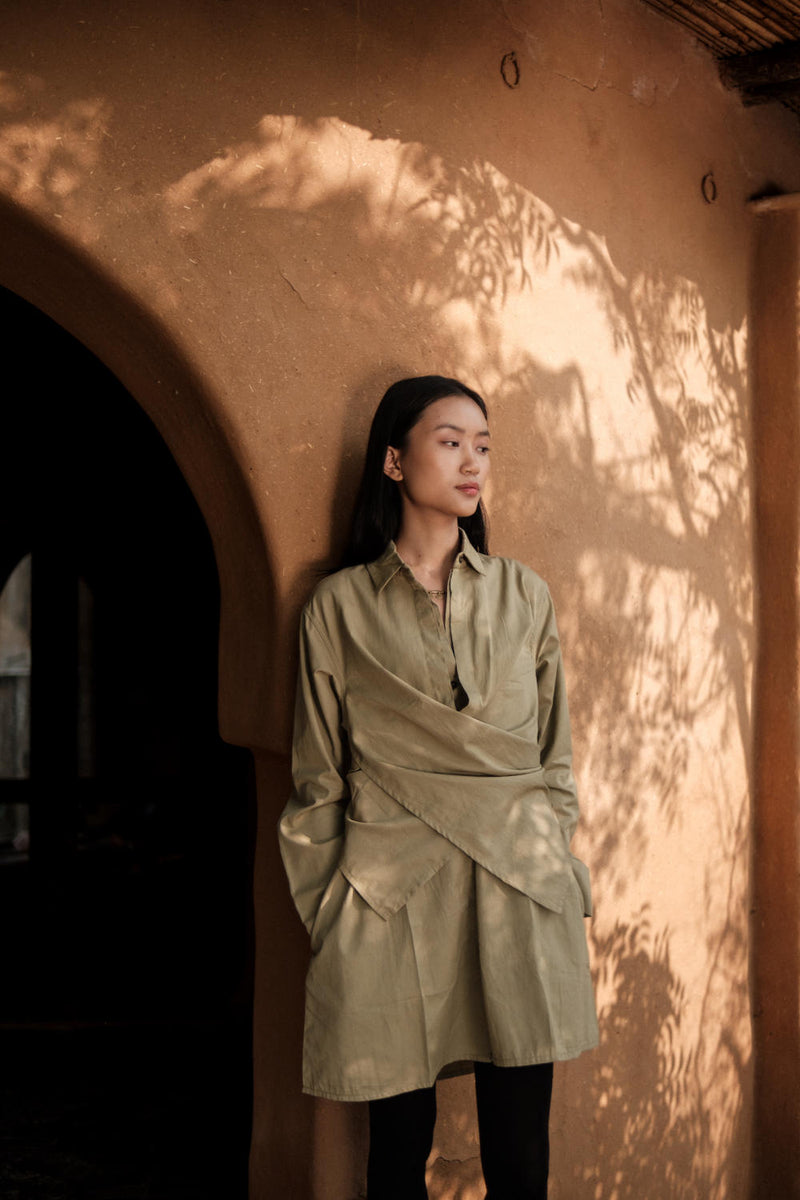 Seattle Wrap Shirt Dress-Khaki cotton by The Terra Tribe for women in Singapore